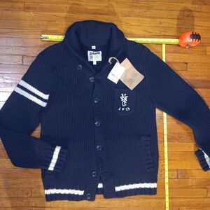 Scott Dark Blue Wool Knit Letter Men Cardigan with White Embroidery